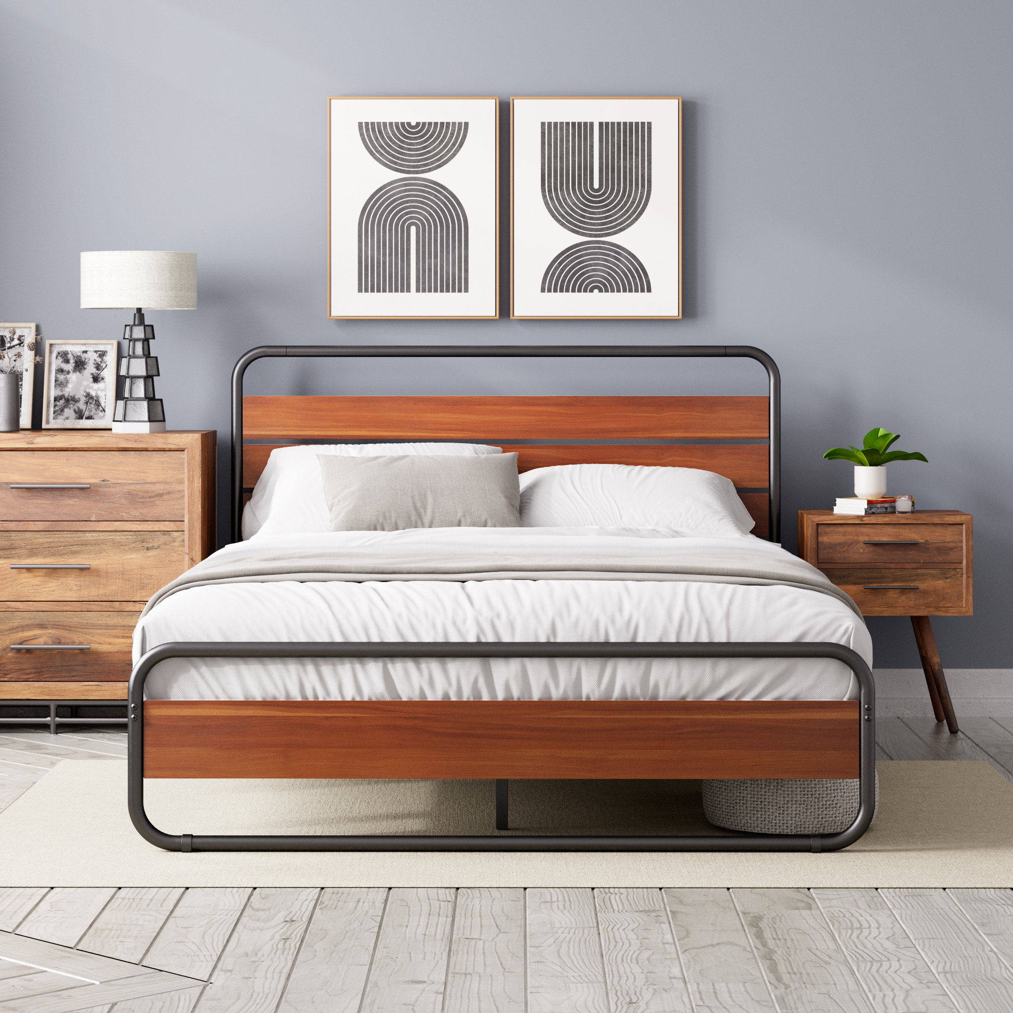 Borough Wharf Sana Low Profile Metal Bed Frame with Wood Details Rounded Black Steel Frame Durable Wood Accents Heavy Duty Support Strong